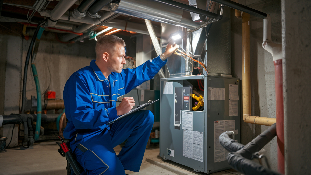3 HVAC maintenance worker with equipment